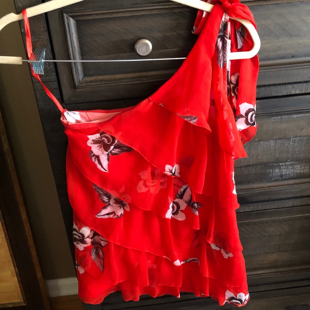 Red off the shoulder floral ruffle top